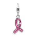 Amore La Vita Sterling Silver Rhodium-plated Polished Stellux Crystal Pink Awareness Charm with Fancy Lobster Clasp, 44 x 10 mm