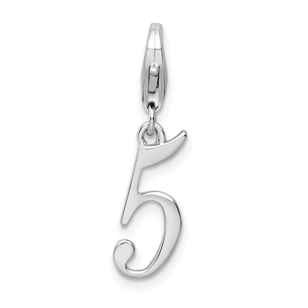 Amore La Vita Sterling Silver Rhodium-plated Polished Number 5 Charm with Fancy Lobster Clasp, 0.5 x 6 mm