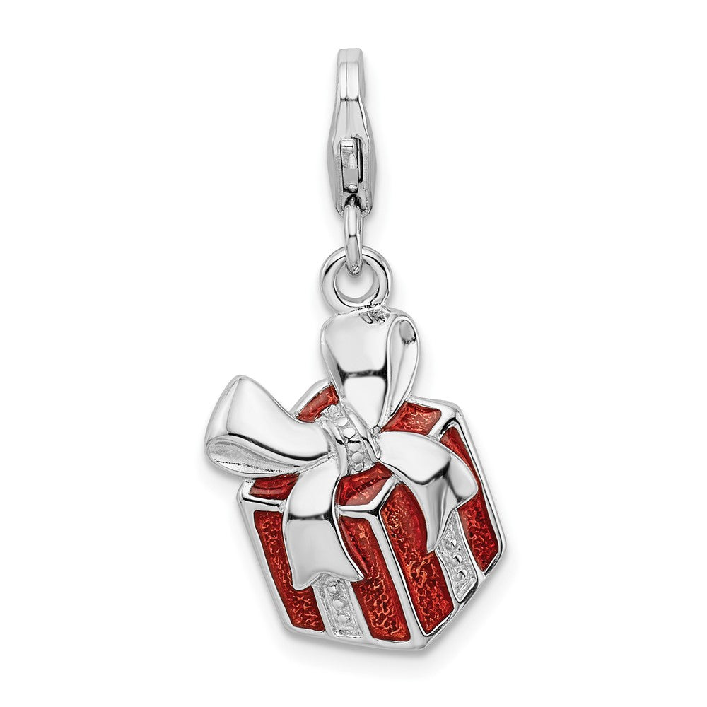 Amore La Vita Sterling Silver Rhodium-plated Polished Red Enameled Present Charm with Fancy Lobster Clasp, 36 x 15 mm