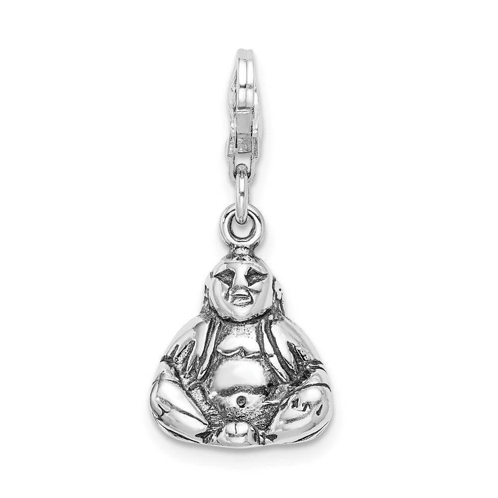 Amore La Vita Sterling Silver Rhodium-plated Polished 3-D Antiqued Buddha Charm with Fancy Lobster Clasp, 33 x 12 mm