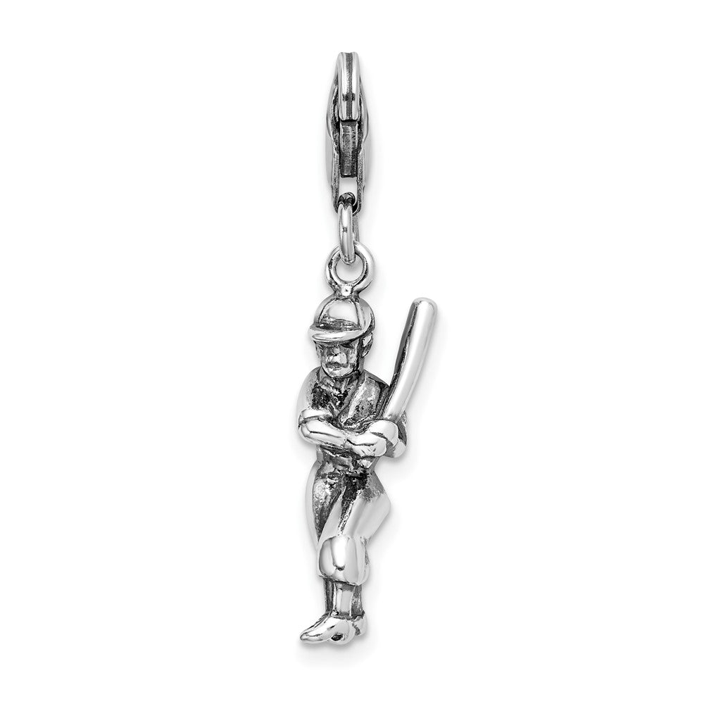Amore La Vita Sterling Silver Rhodium-plated Polished 3-D Antiqued Baseball Player Charm with Fancy Lobster Clasp, 41 x 11 mm
