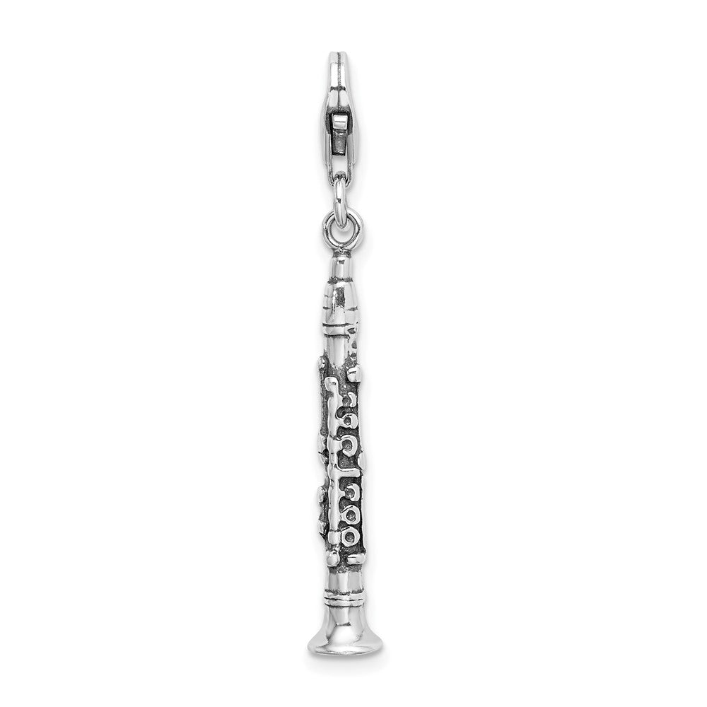 Amore La Vita Sterling Silver Rhodium-plated Polished 3-D Antiqued Clarinet Charm with Fancy Lobster Clasp, 46 x 5 mm