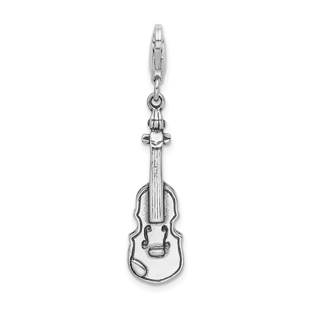 Amore La Vita Sterling Silver Rhodium-plated Polished 3-D Antiqued Violin Charm with Fancy Lobster Clasp, 46 x 9 mm