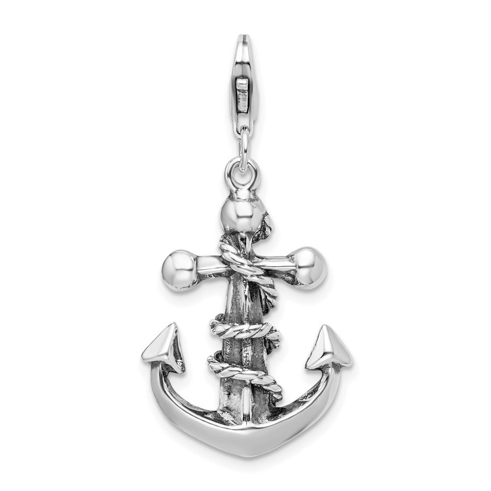 Amore La Vita Sterling Silver Rhodium-plated Polished 3-D Antiqued Anchor and Rope Charm with Fancy Lobster Clasp, 43 x 19 mm