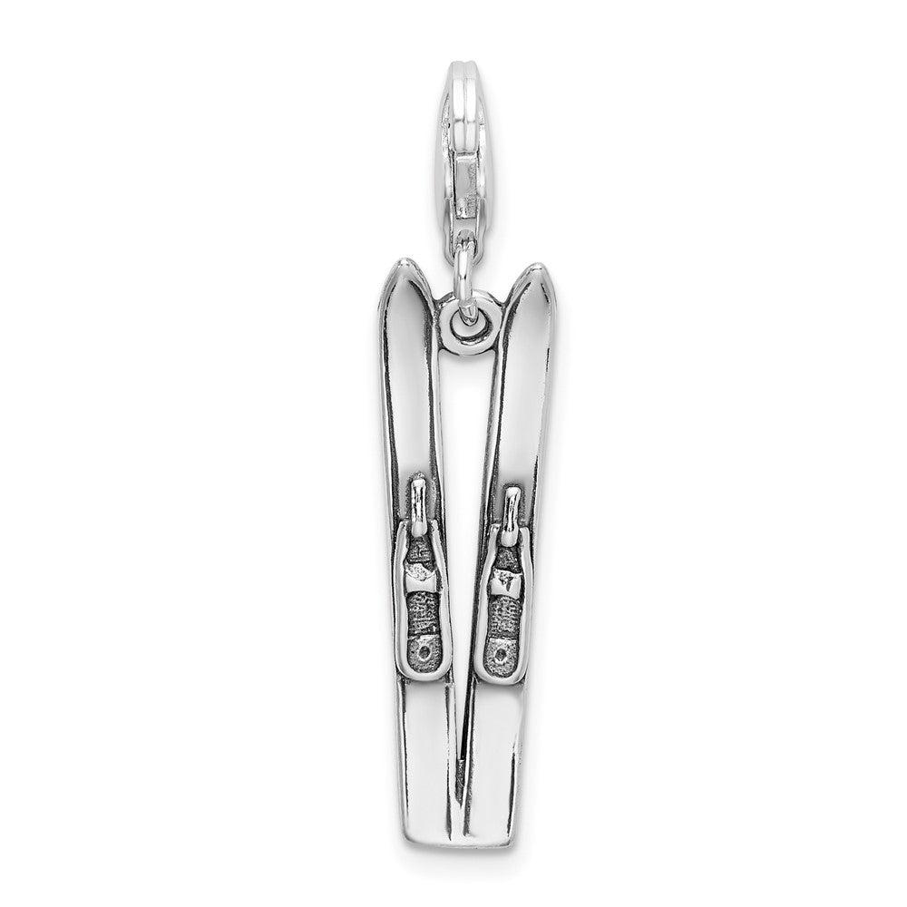 Amore La Vita Sterling Silver Rhodium-plated Polished 3-D Antiqued Skis Charm with Fancy Lobster Clasp, 42 x 8 mm