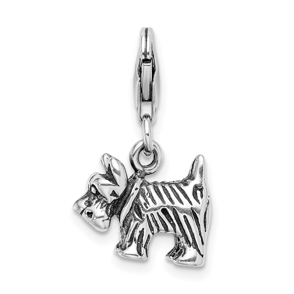 Amore La Vita Sterling Silver Rhodium-plated Polished 3-D Antiqued Scottie Dog Charm with Fancy Lobster Clasp, 29 x 14 mm