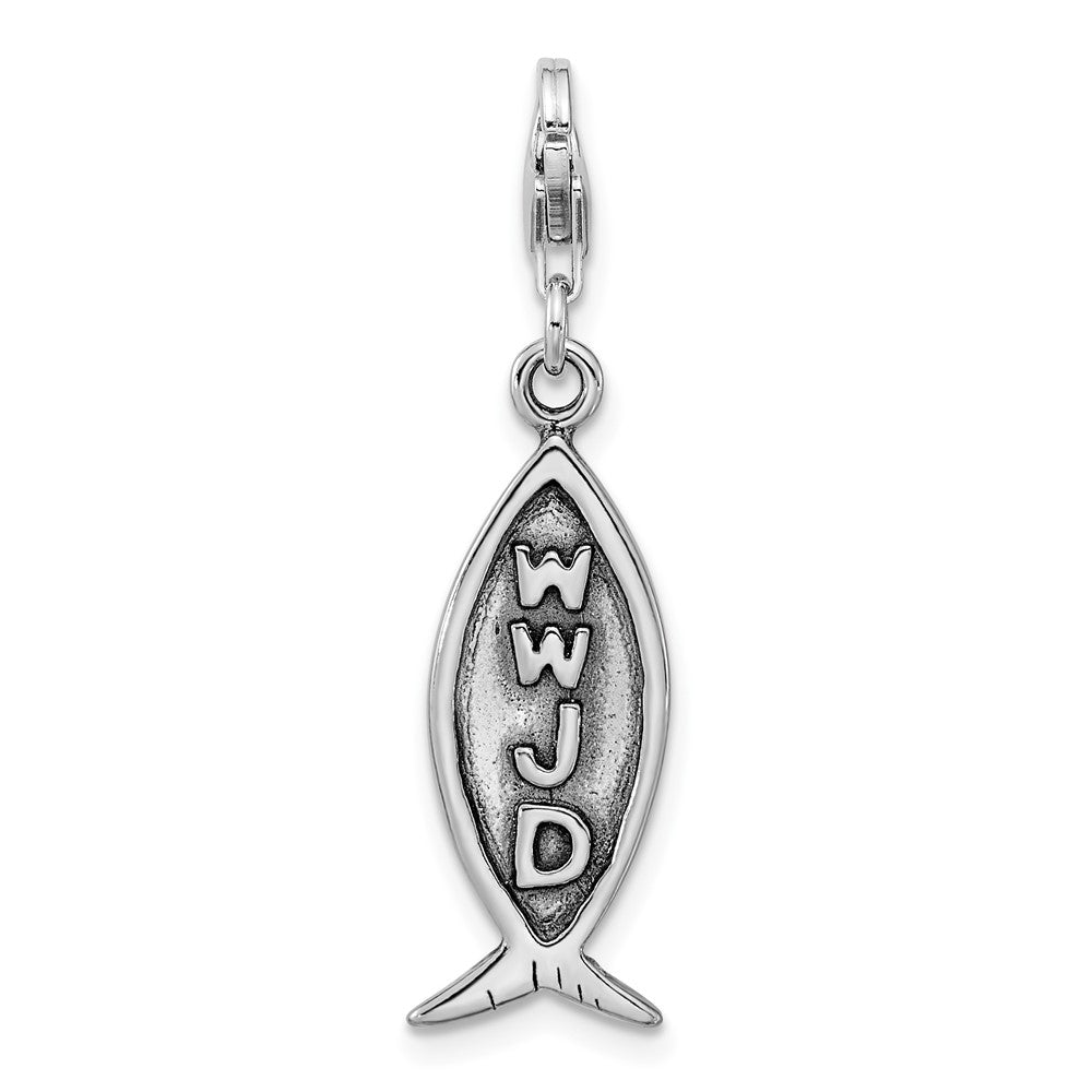Amore La Vita Sterling Silver Rhodium-plated Polished Antiqued WWJD Ichthus Charm with Fancy Lobster Clasp, 43 x 10 mm