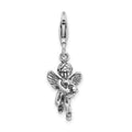 Amore La Vita Sterling Silver Rhodium-plated Polished 3-D Antiqued Angel with Harp Charm with Fancy Lobster Clasp, 36 x 10 mm