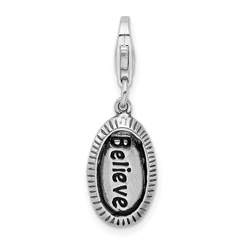 Amore La Vita Sterling Silver Rhodium-plated Polished Antiqued BELIEVE Charm with Fancy Lobster Clasp, 35 x 9 mm