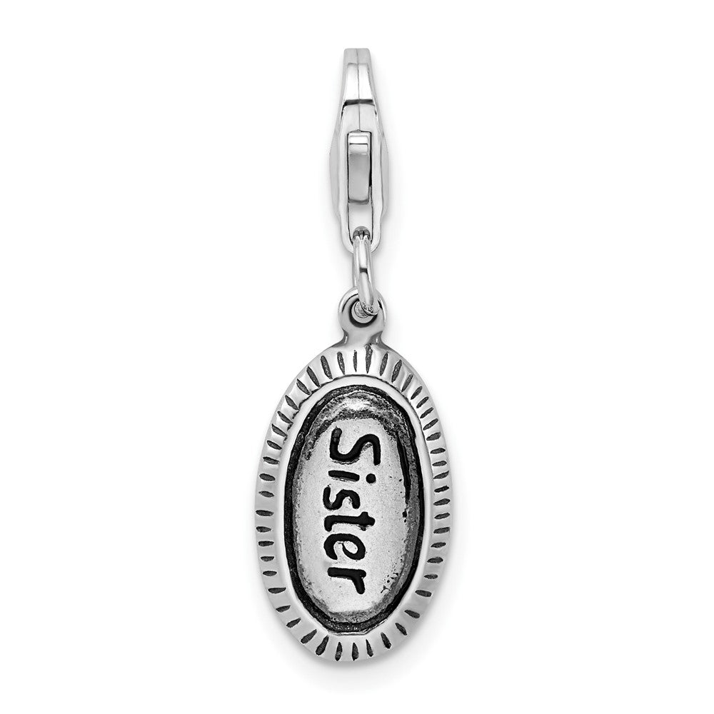 Amore La Vita Sterling Silver Rhodium-plated Polished Antiqued SISTER Charm with Fancy Lobster Clasp, 35 x 9 mm