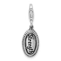 Amore La Vita Sterling Silver Rhodium-plated Polished Antiqued STRENGTH Charm with Fancy Lobster Clasp, 35 x 9 mm