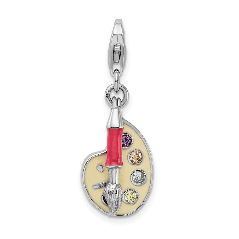 Amore La Vita Sterling Silver Rhodium-plated Polished 3-D CZ Enameled Artist Palette Charm with Fancy Lobster Clasp, 39 x 12 mm