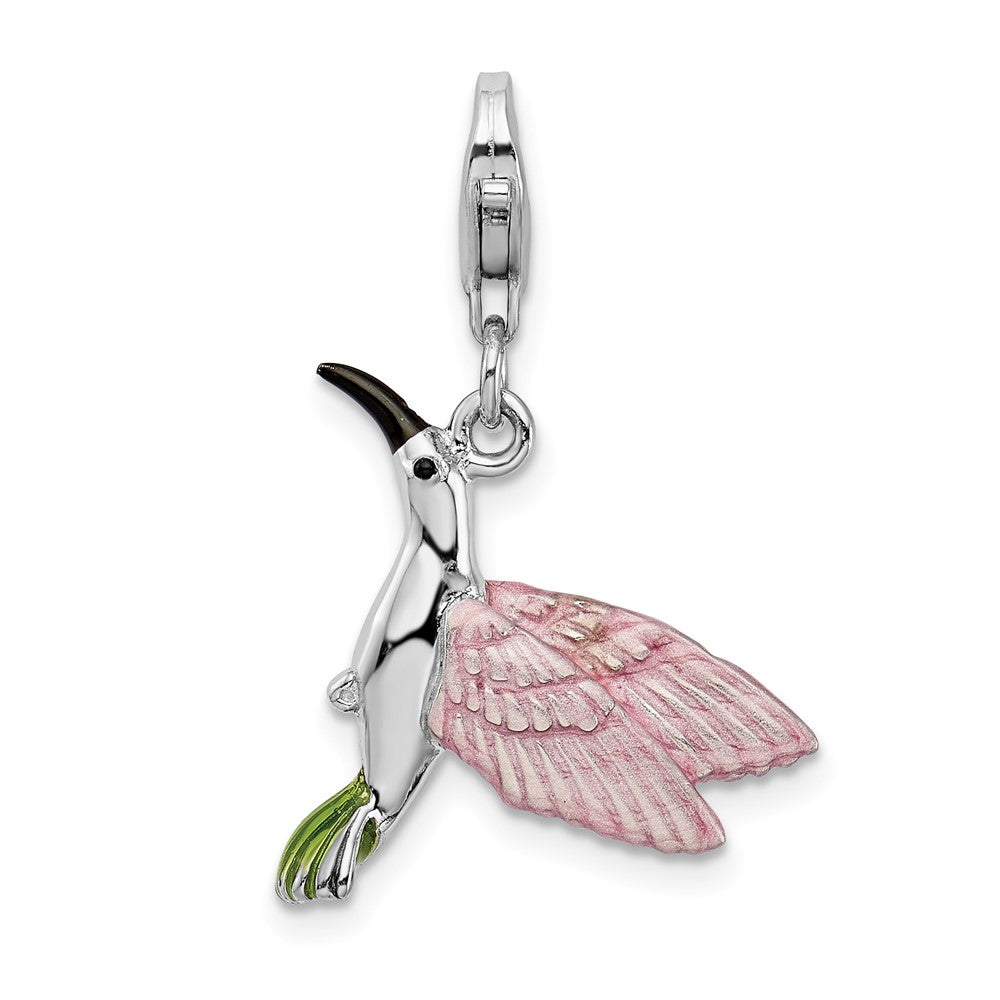 Amore La Vita Sterling Silver Rhodium-plated Polished 3-D Enameled Hummingbird Charm with Fancy Lobster Clasp, 35 x 19 mm