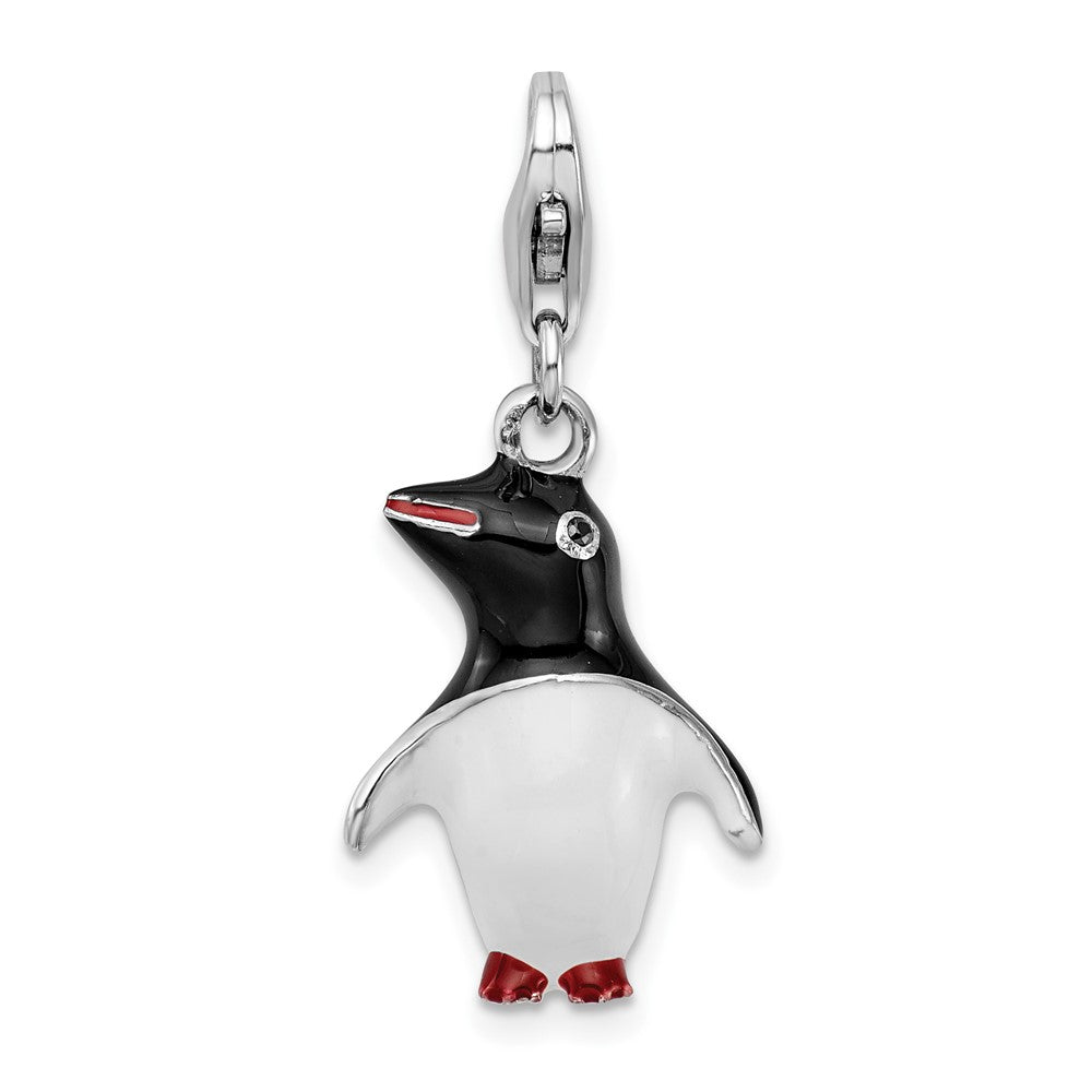 Amore La Vita Sterling Silver Rhodium-plated Polished 3-D Enameled Penguin Charm with Fancy Lobster Clasp, 37 x 12 mm