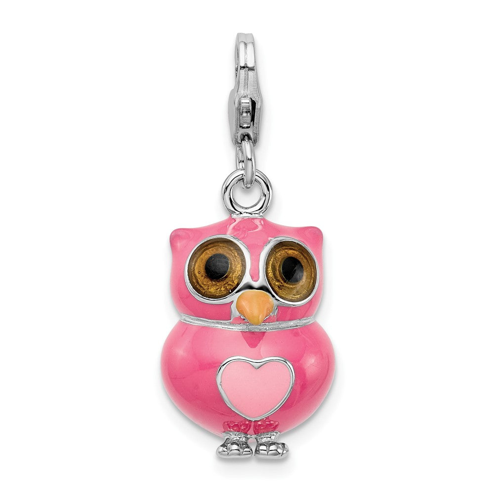Amore La Vita Sterling Silver Rhodium-plated Polished 3-D Pink Enameled Heart Owl Charm with Fancy Lobster Clasp, 38 x 12 mm