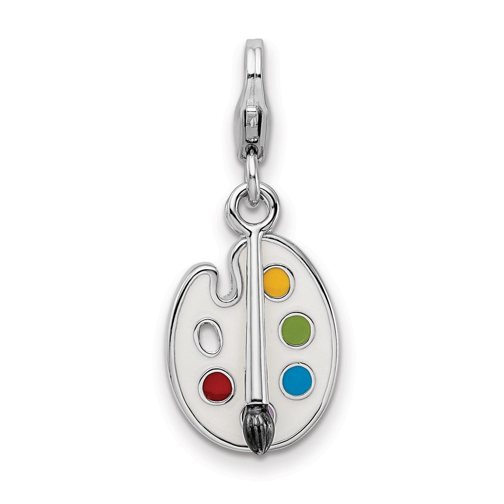 Amore La Vita Sterling Silver Rhodium-plated Polished Enameled 3-D Palette and Brush Charm with Fancy Lobster Clasp, 38 x 12 mm