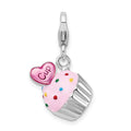 Amore La Vita Sterling Silver Rhodium-plated Polished 3-D Enameled Cupcake and Heart Charm with Fancy Lobster Clasp, 36 x 16 mm