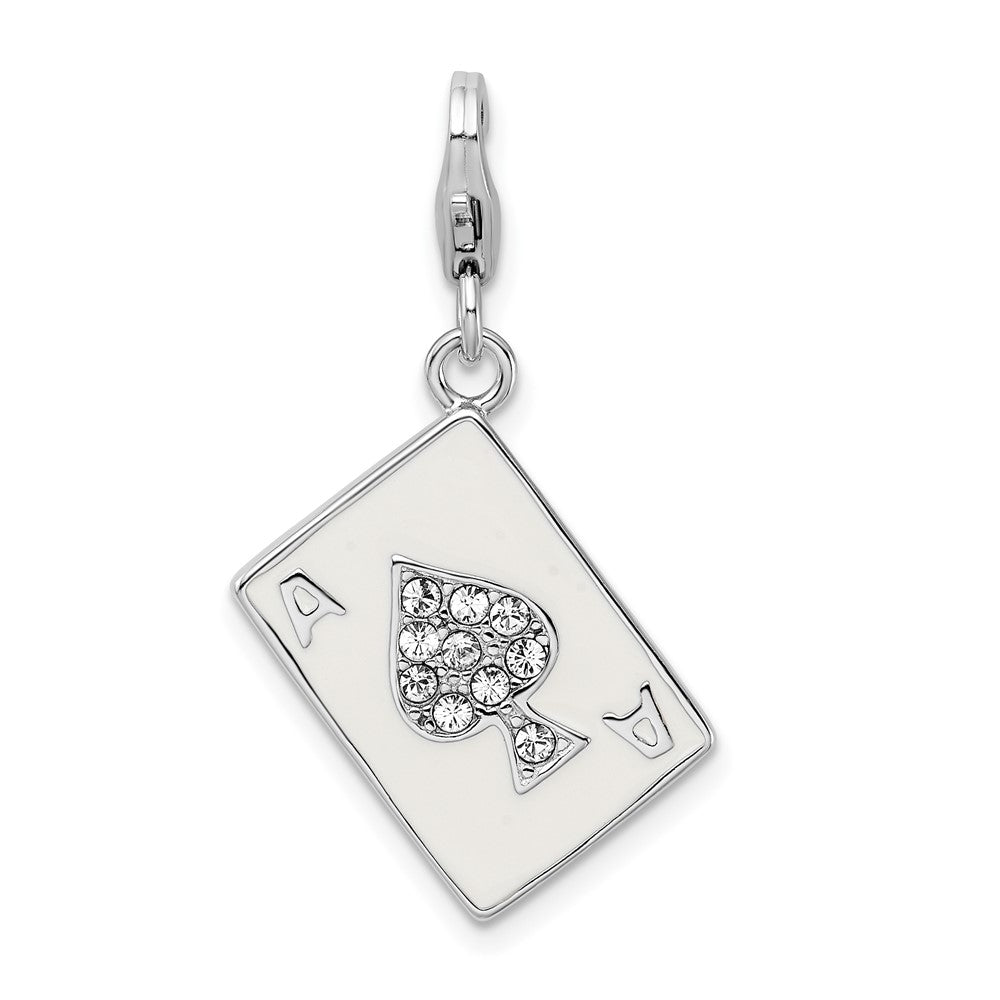 Amore La Vita Sterling Silver Rhodium-plated Polished 3-D Enameled Swarovski Crystal Ace Charm with Fancy Lobster Clasp, 41 x 12 mm