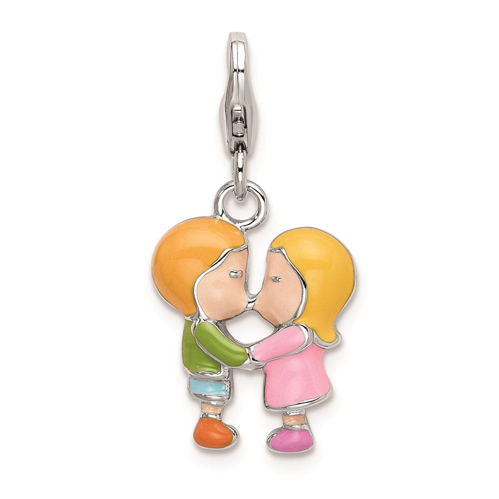 Amore La Vita Sterling Silver Rhodium-plated Polished Enameled Kissing Couple Charm with Fancy Lobster Clasp, 38 x 14 mm