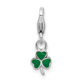 Amore La Vita Sterling Silver Rhodium-plated Polished 3-D Green Enameled Clover Charm with Fancy Lobster Clasp, 21 x 7 mm