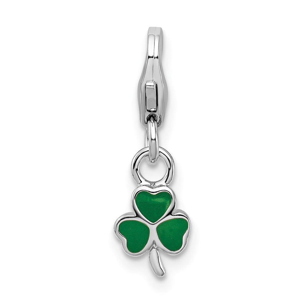 Amore La Vita Sterling Silver Rhodium-plated Polished 3-D Green Enameled Clover Charm with Fancy Lobster Clasp, 21 x 7 mm