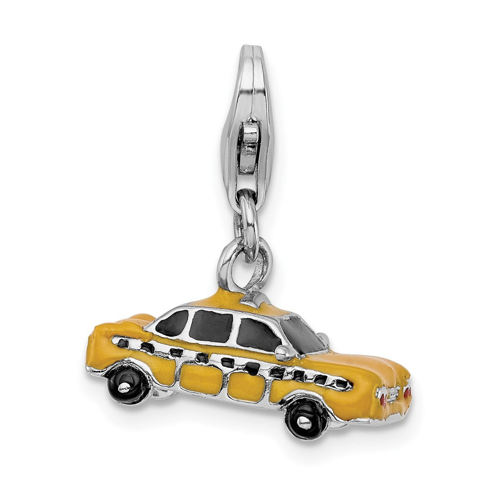 Amore La Vita Sterling Silver Rhodium-plated Polished 3-D Enameled Taxi Cab Charm with Fancy Lobster Clasp, 29 x 14 mm