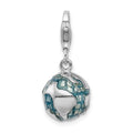Amore La Vita Sterling Silver Rhodium-plated Polished 3-D Enameled World Globe Charm with Fancy Lobster Clasp, 32 x 10 mm