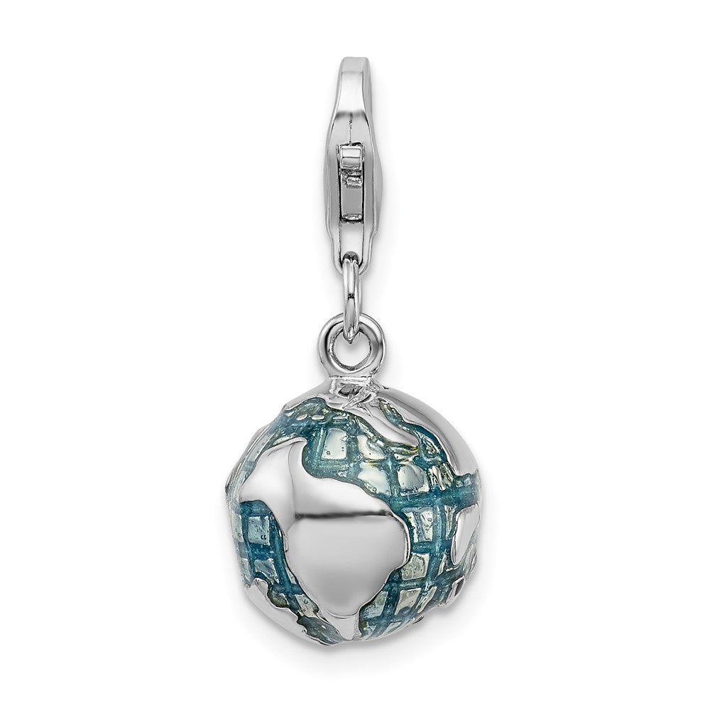 Amore La Vita Sterling Silver Rhodium-plated Polished 3-D Enameled World Globe Charm with Fancy Lobster Clasp, 32 x 10 mm