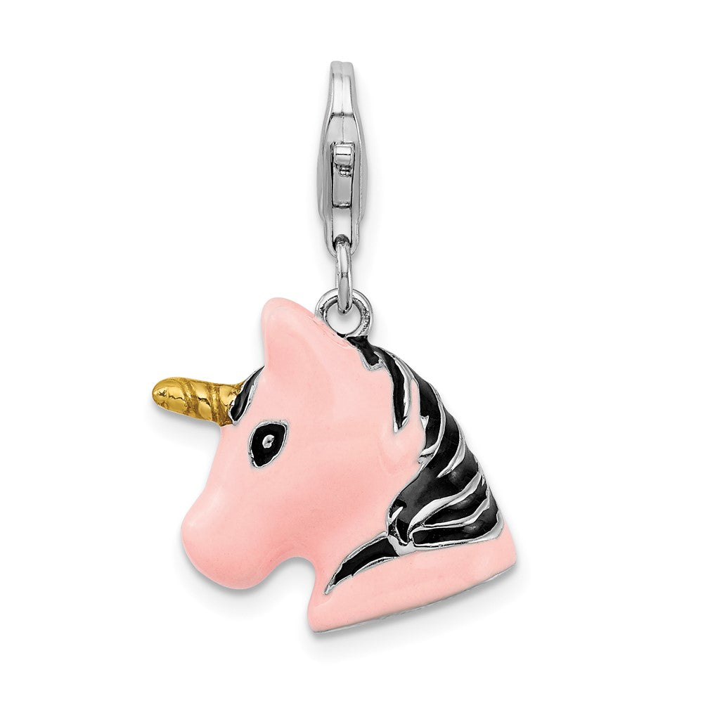 Amore La Vita Sterling Silver Rhodium-plated Polished 3-D Pink Enameled Unicorn Head Charm with Fancy Lobster Clasp, 36 x 17 mm