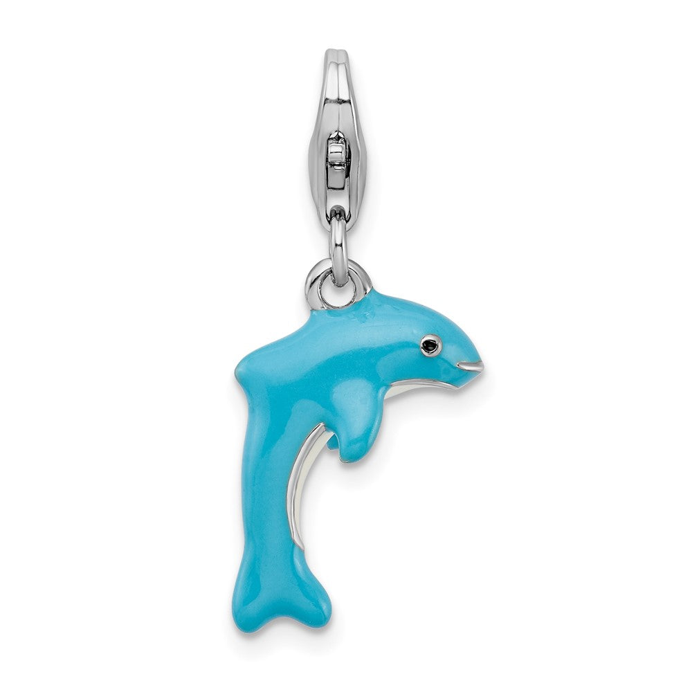 Amore La Vita Sterling Silver Rhodium-plated Polished 3-D Enameled Dolphin Charm with Fancy Lobster Clasp, 41 x 15 mm
