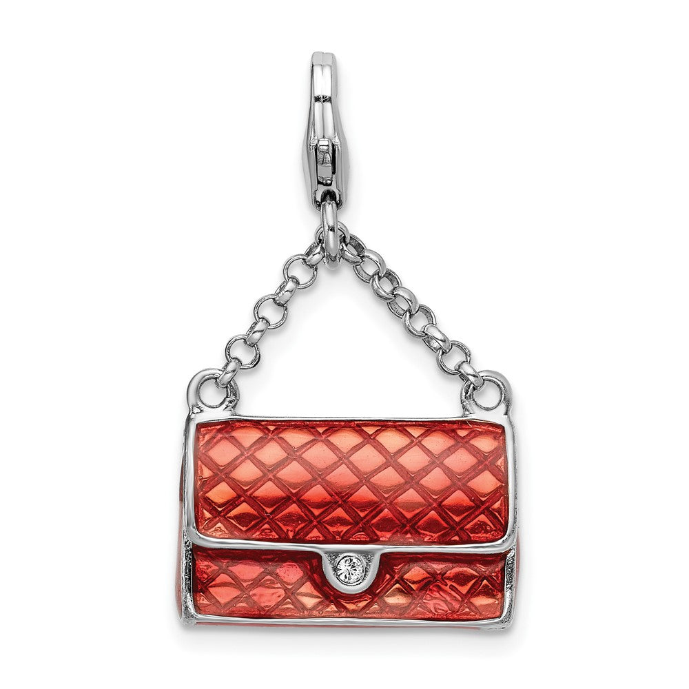 Amore La Vita Sterling Silver Rhodium-plated Polished 3-D Enameled with Swarovski Crystal Purse Charm with Fancy Lobster Clasp, 31 x 18 mm