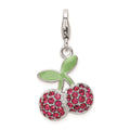 Sterling Silver RH Enameled 3-D Cherries w/Lobster Clasp Charm, 20 x 15 mm