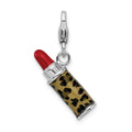 Amore La Vita Sterling Silver Rhodium-plated Polished 3-D Enameled Leopard Lipstick Charm with Fancy Lobster Clasp, 26 x 15 mm