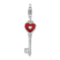 Amore La Vita Sterling Silver Rhodium-plated Polished 3-D Enameled Heart Key Charm with Fancy Lobster Clasp, 33 x 8 mm
