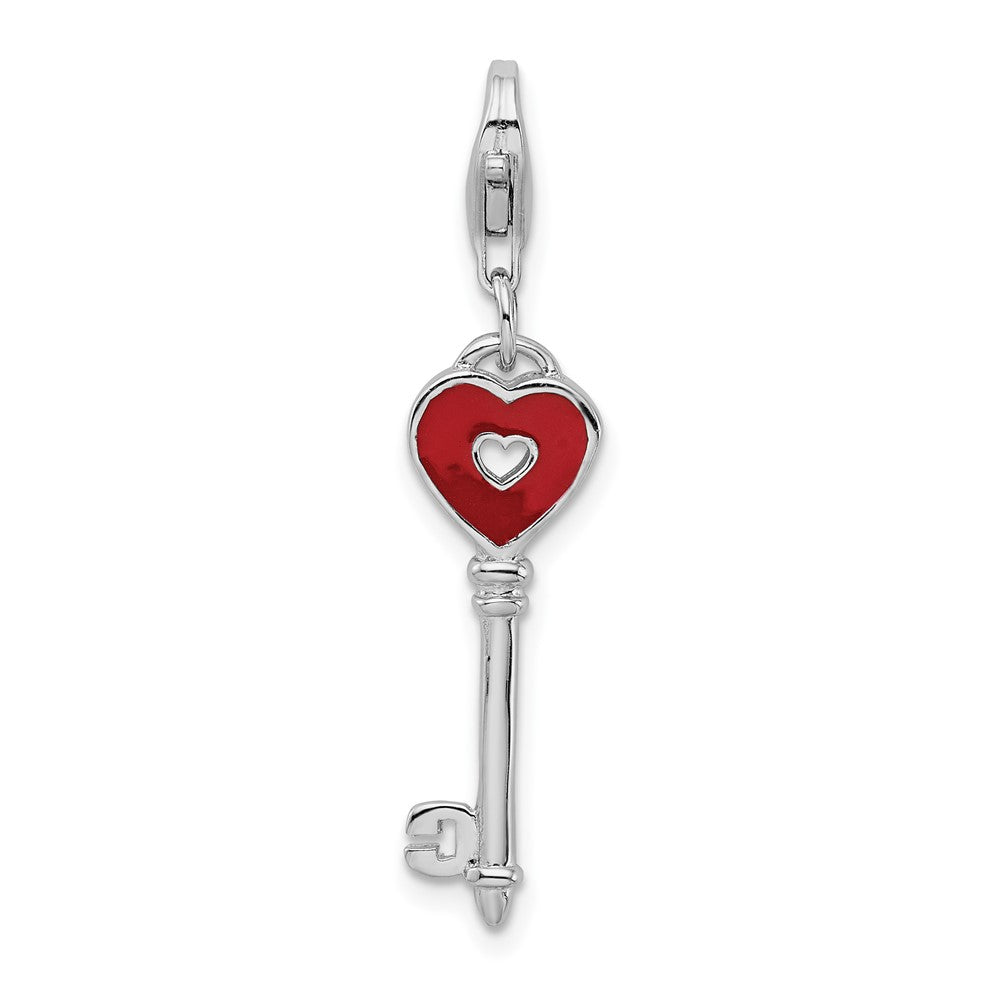 Amore La Vita Sterling Silver Rhodium-plated Polished 3-D Enameled Heart Key Charm with Fancy Lobster Clasp, 33 x 8 mm