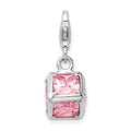 Amore La Vita Sterling Silver Rhodium-plated Polished 3-D Pink CZ Cube Charm with Fancy Lobster Clasp, 10 x 10 mm