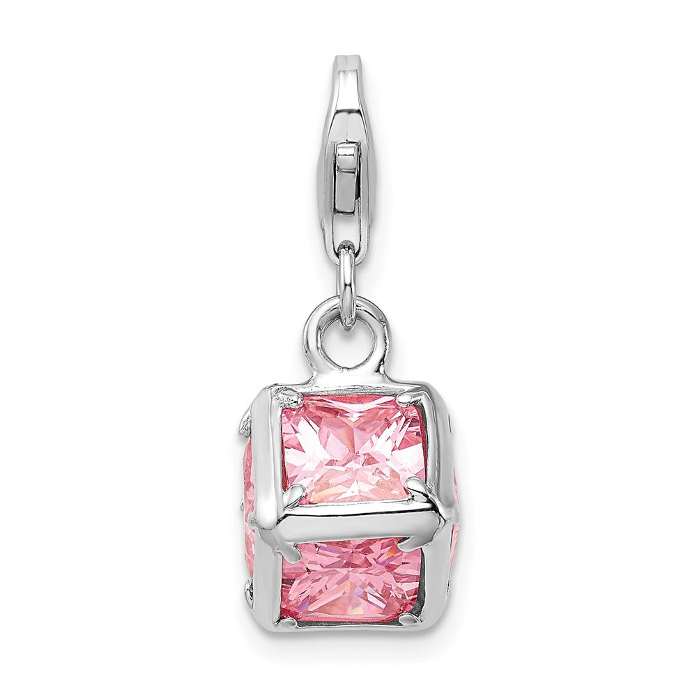 Amore La Vita Sterling Silver Rhodium-plated Polished 3-D Pink CZ Cube Charm with Fancy Lobster Clasp, 10 x 10 mm
