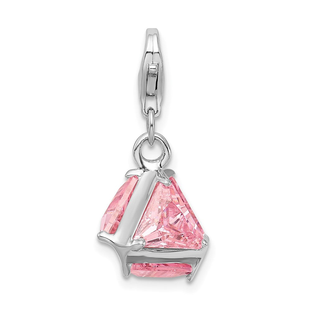 Amore La Vita Sterling Silver Rhodium-plated Polished 3-D Pink CZ Charm with Fancy Lobster Clasp, 24 x 13 mm