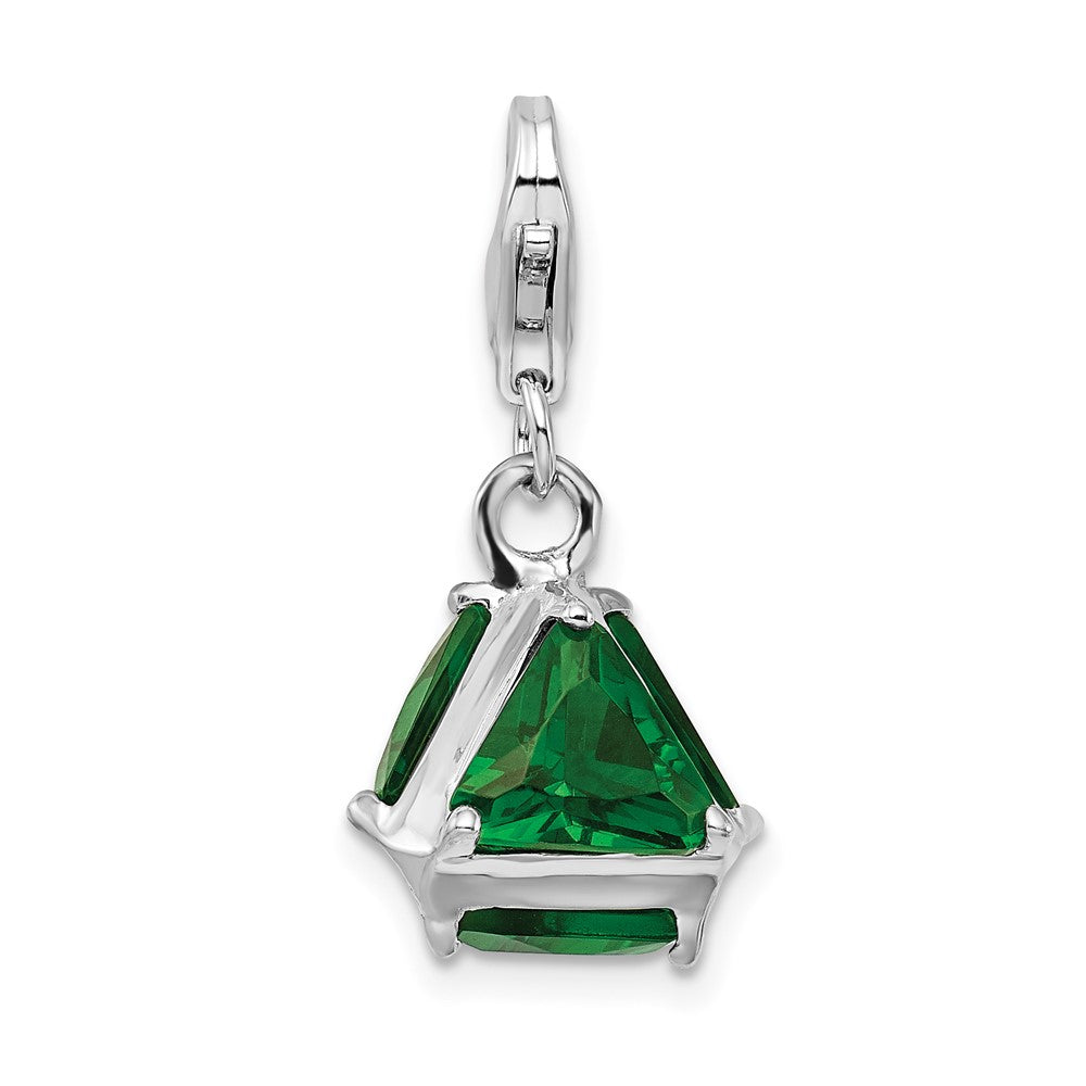 Amore La Vita Sterling Silver Rhodium-plated Polished 3-D Green Glass Charm with Fancy Lobster Clasp, 24 x 13 mm