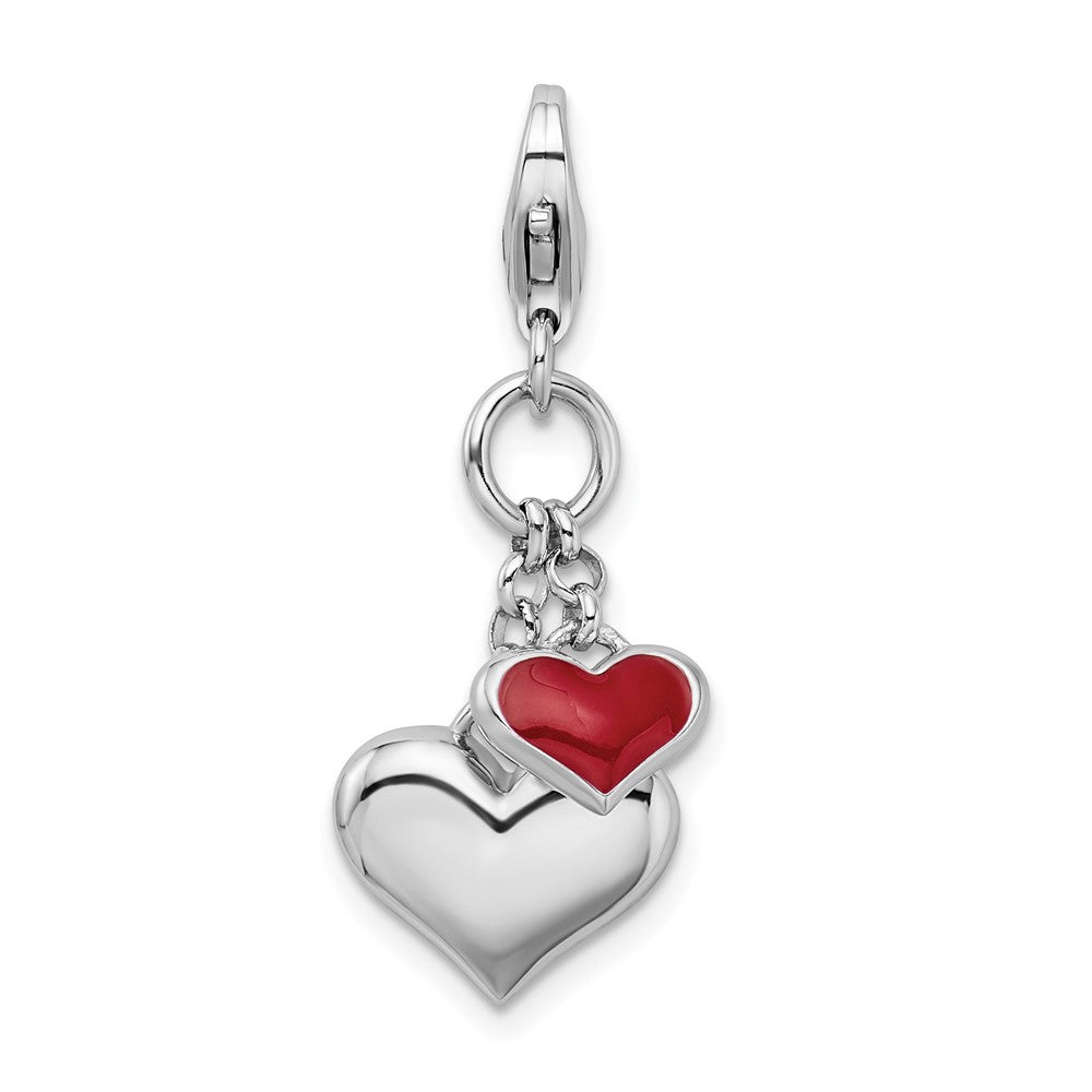 Amore La Vita Sterling Silver Rhodium-plated Polished 3-D Red Enameled Double Heart Charm with Fancy Lobster Clasp, 32 x 11 mm