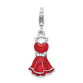 Sterling Silver Rhodium-plated CZ Enameled Dress w/Lobster Clasp Charm, 32 x 14 mm