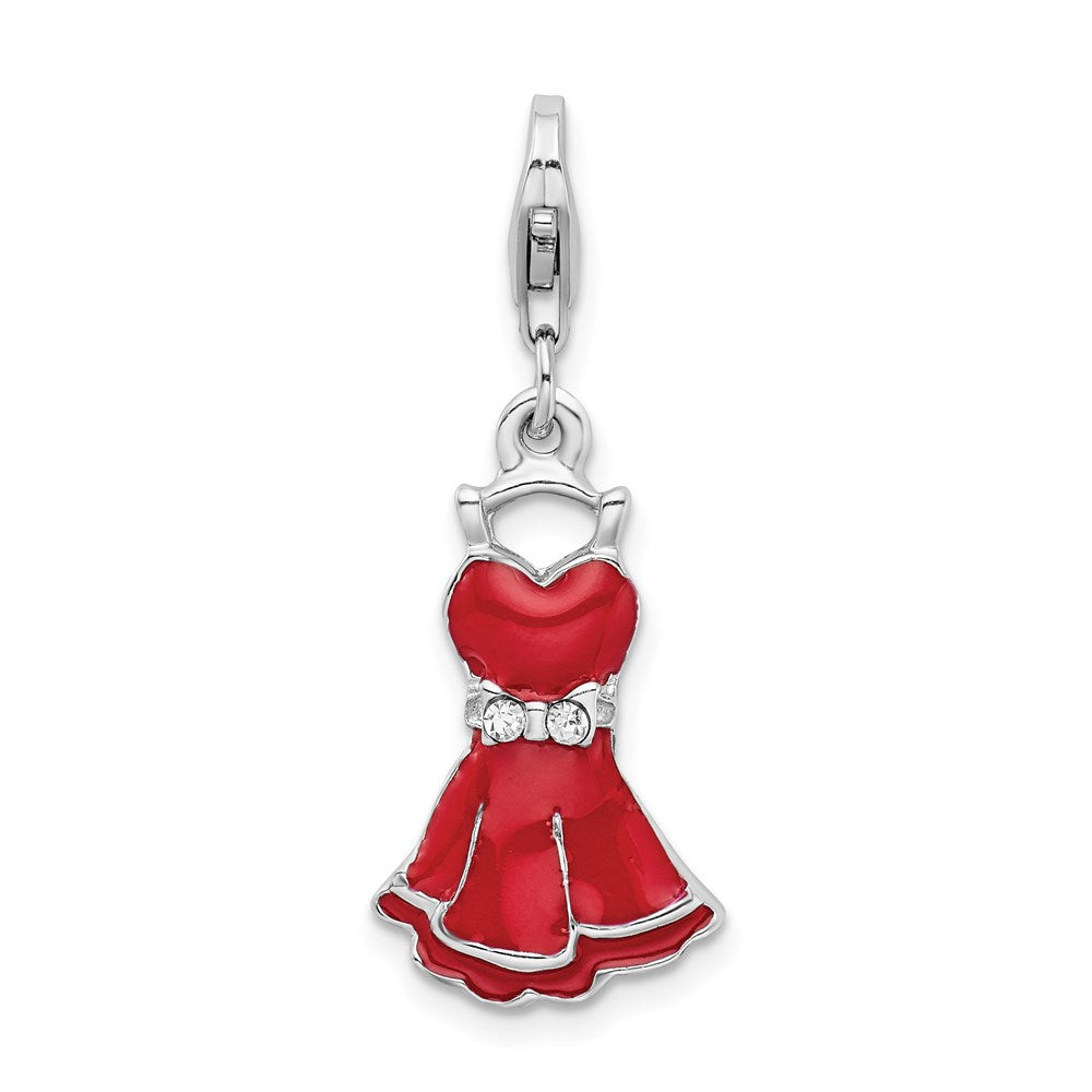 Sterling Silver Rhodium-plated CZ Enameled Dress w/Lobster Clasp Charm, 32 x 14 mm