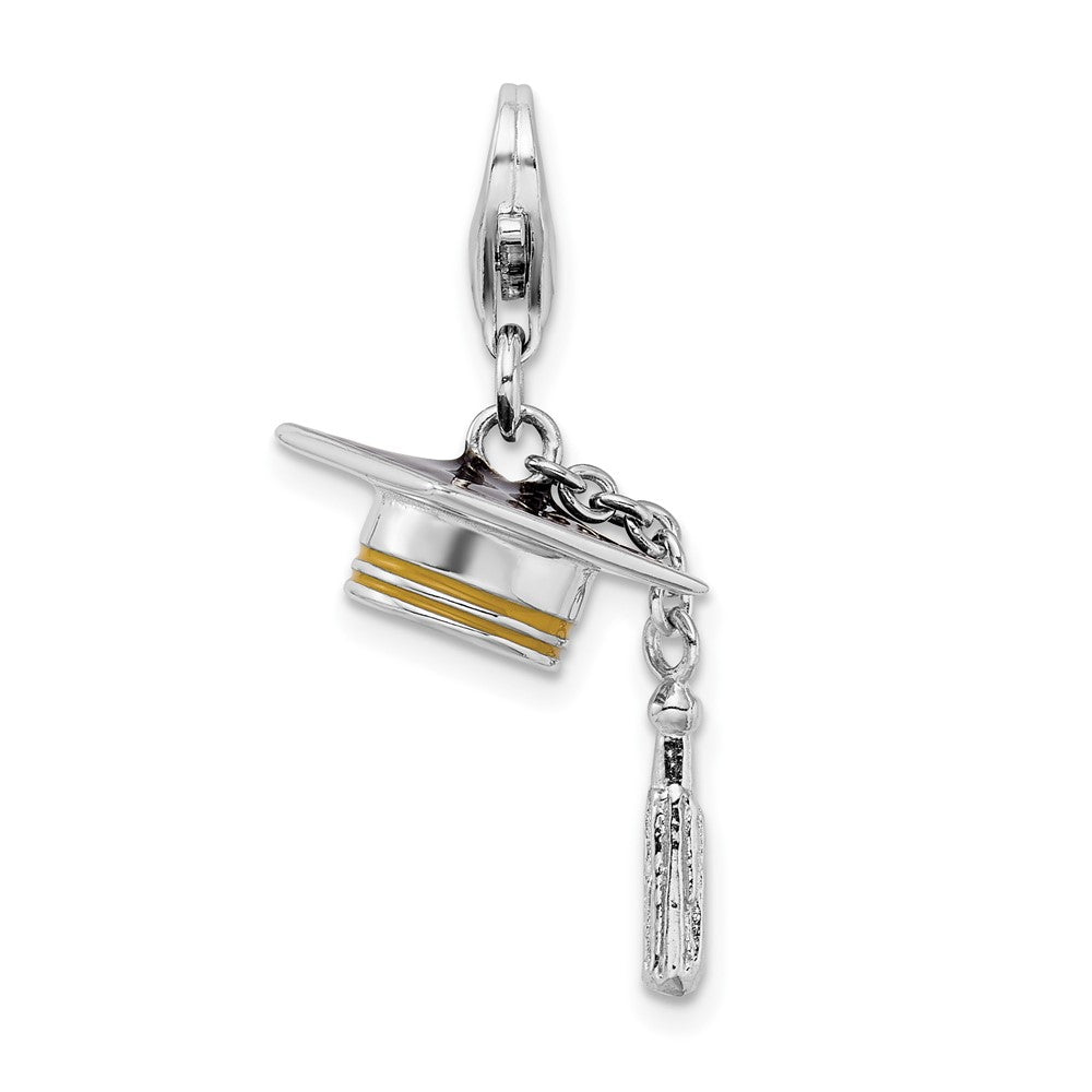 Amore La Vita Sterling Silver Rhodium-plated and Gold-tone Polished 3-D Moveable Enameled Graduation Cap and Tassel Charm with Fancy Lobster Clasp, 18 x 13 mm