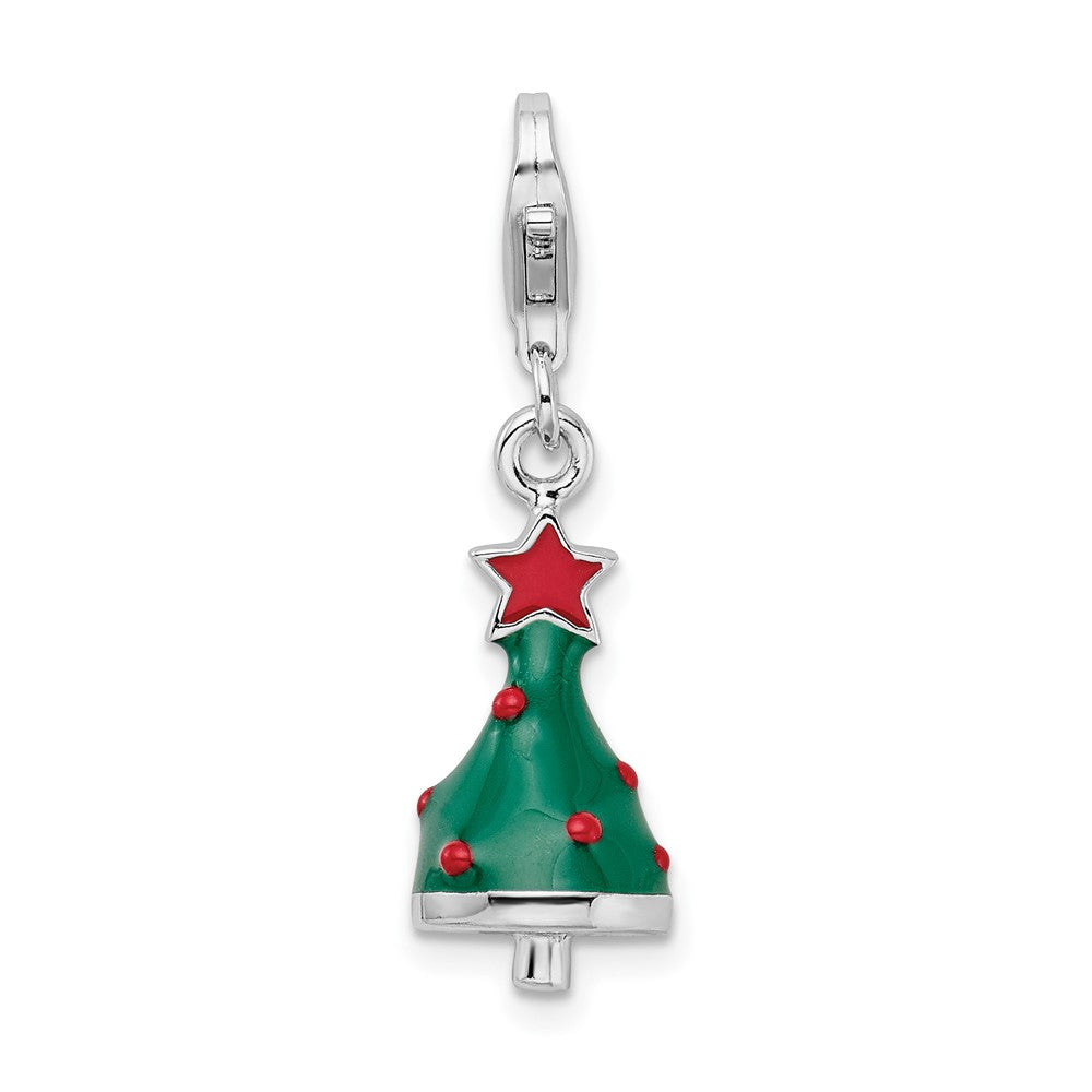 Amore La Vita Sterling Silver Rhodium-plated Polished 3-D Enameled Christmas Tree Charm with Fancy Lobster Clasp, 29 x 9 mm