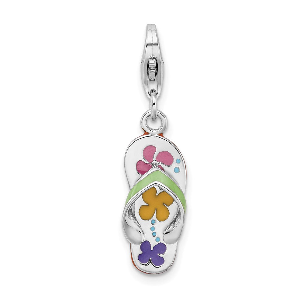 Amore La Vita Sterling Silver Rhodium-plated Polished 3-D Enameled Flip-flop Charm with Fancy Lobster Clasp, 30 x 8 mm