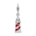 Amore La Vita Sterling Silver Rhodium-plated Polished 3-D Enameled Lighthouse Charm with Fancy Lobster Clasp, 30 x 7 mm