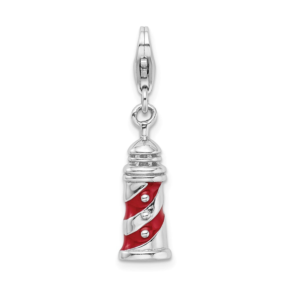 Amore La Vita Sterling Silver Rhodium-plated Polished 3-D Enameled Lighthouse Charm with Fancy Lobster Clasp, 30 x 7 mm