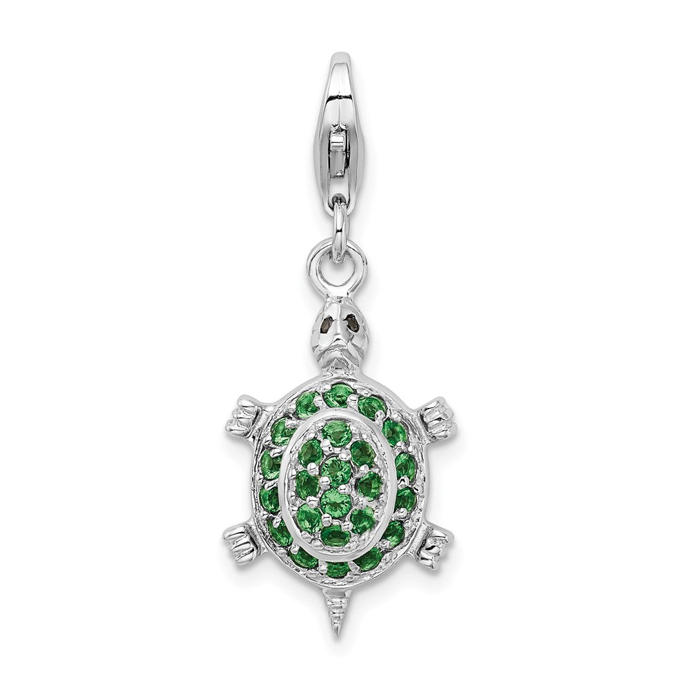Amore La Vita Sterling Silver Rhodium-plated Polished 3-D CZ Green Turtle Charm with Fancy Lobster Clasp, 31 x 14 mm