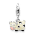 Amore La Vita Sterling Silver Rhodium-plated Polished 3-D Enameled Cow Charm with Fancy Lobster Clasp, 19 x 12 mm