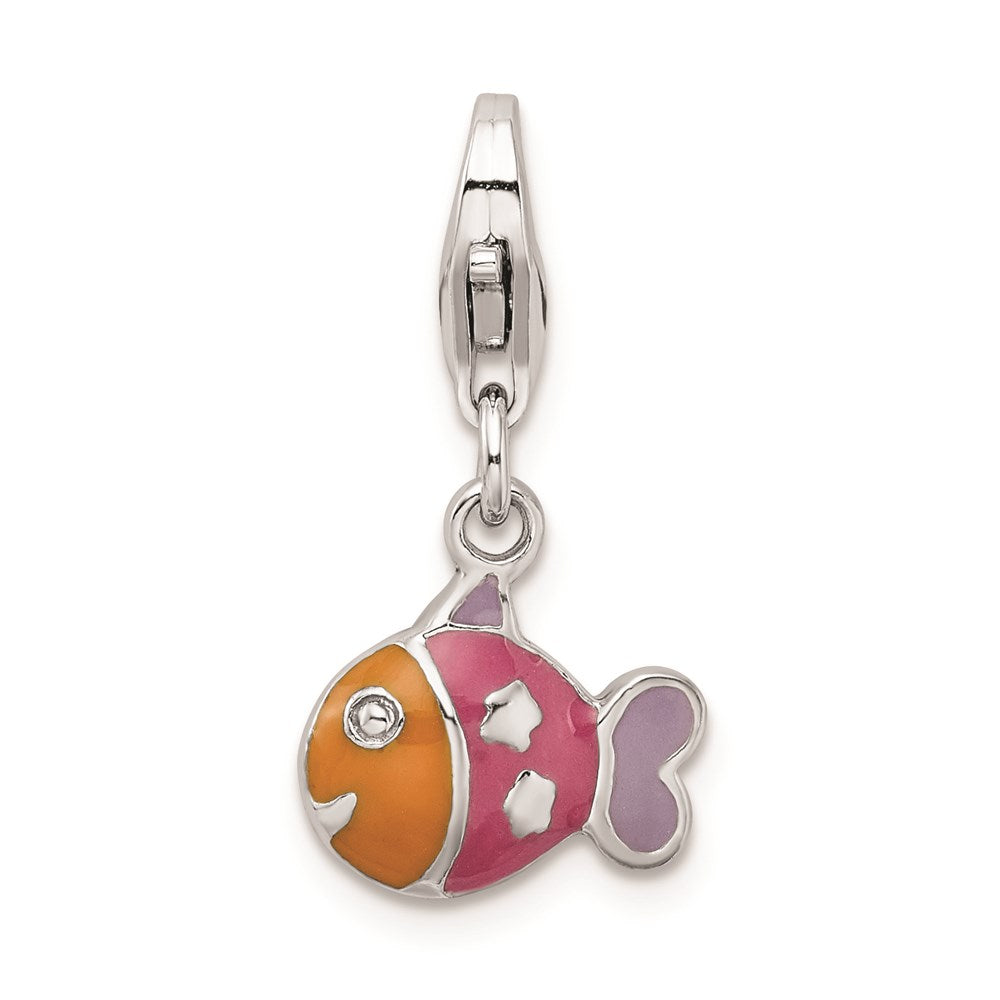 Sterling Silver Rhodium-plated 3-D Enameled Fish w/Lobster Clasp Charm, 21 x 11 mm